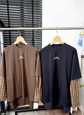 欧洲站2025秋季新款 时尚宽松圆领拼接格子假两件长袖T恤女250297