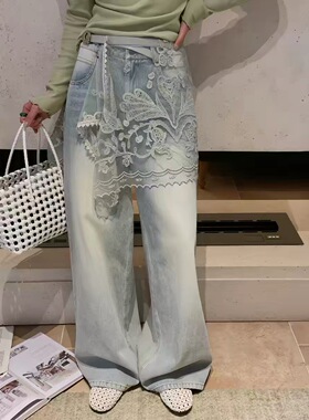 欧洲站2026春季女高腰配蕾丝屁帘阔腿牛仔裤宽松长裤25392