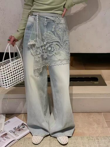 欧洲站2026春季女高腰配蕾丝屁帘阔腿牛仔裤宽松长裤25392