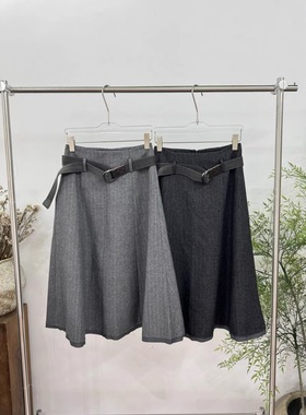 欧洲站欧货PH23女装2025冬季款竖条纹系带羊毛气质半身裙4727