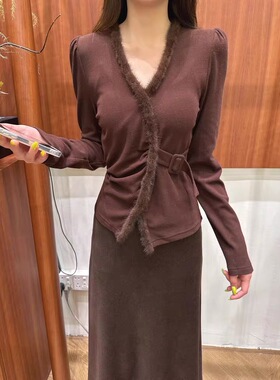 欧洲站25秋新法式拼接毛毛衬衫长袖V领收腰高级感洋气上衣70161