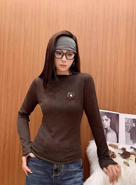 欧洲站2025秋新DM时尚韩版半高领蕾丝木耳边修身长袖打底衫28179