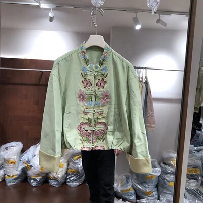 欧洲站2026春季女立领刺绣花朵百搭短款新中式盘扣牛仔外套26166