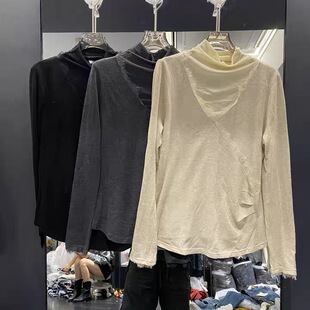 显瘦长袖 女高领纯色拼接蕾丝褶皱修身 T恤8808 新款 欧洲站2025秋季