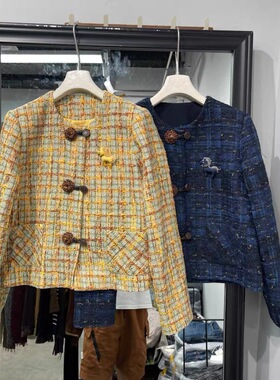 欧洲站2025秋季新款女装时尚圆领百搭格子小香风短款外套潮82272