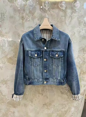 欧洲站小众设计师系列条纹显瘦上衣牛仔外套长袖夹克牛仔衣 2097