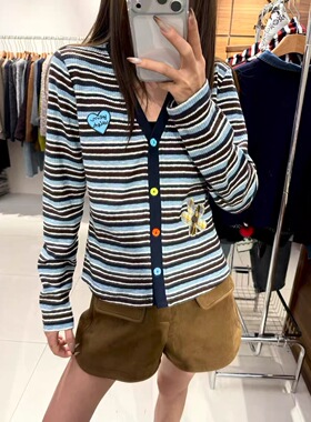 欧洲站2026春复古撞色条纹V领针织开衫女士减龄遮肉软糯毛衣26217
