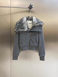 Fan LeoNa环保皮草翻领斜拉链灰色卫衣短女秋冬加厚保暖棉服3553