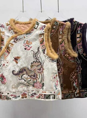 欧洲站女装25冬季新款圆领斜门襟重工刺绣夹棉马甲 25868