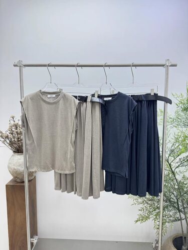 欧洲站女装PH23 新款2026夏蝙蝠袖T恤腰带压褶半裙套装5533