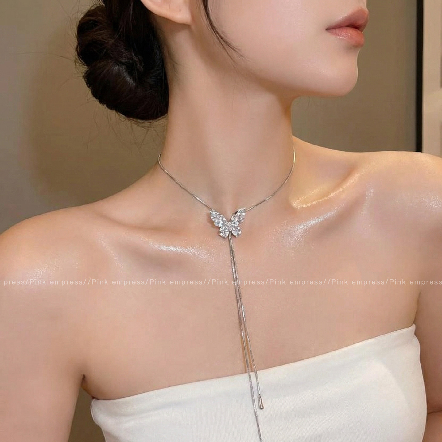 芒果银色蝴蝶长款项链女气质链锁骨链轻奢小众高级礼服配饰饰品mg