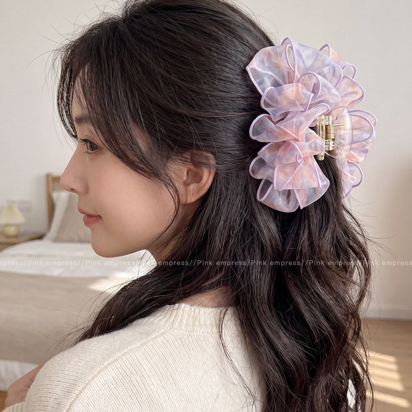 芒果甜美泡泡抓夹女后脑勺半扎发发量多大号鲨鱼夹发夹头饰饰品mg