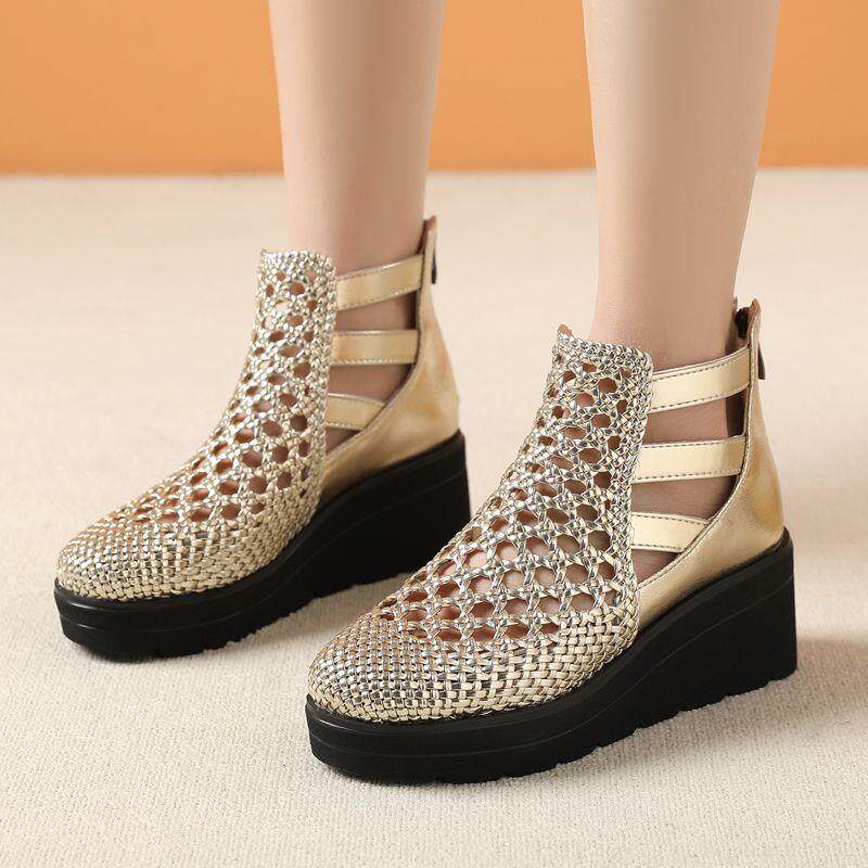 春夏新款厚底罗马凉鞋女真皮舒适轻便坡跟妈妈鞋镂空编织洞洞凉靴