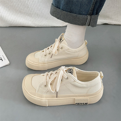 飞跃圆头复古港风白色帆布鞋