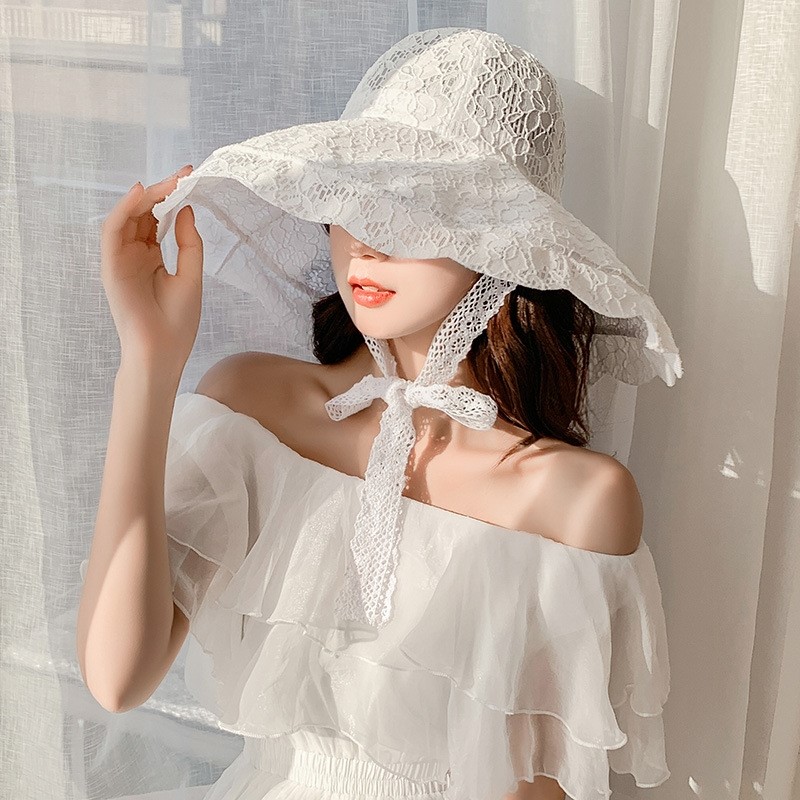 帽子女韩版女蕾丝大沿渔夫帽日系百搭出游遮阳帽女防晒遮脸大帽檐