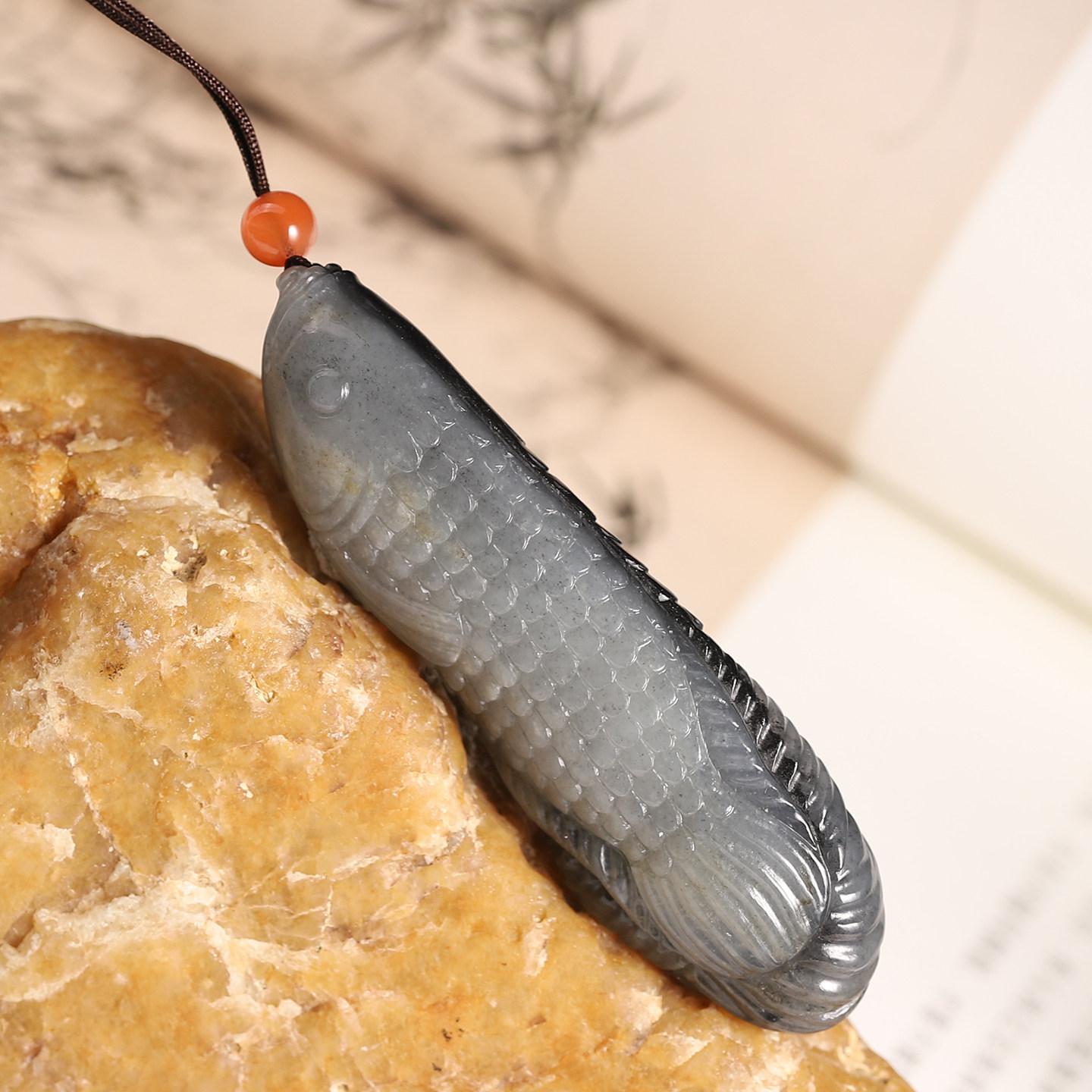 新疆和田玉青花籽料苏工双鱼挂件玉鱼带子上朝吊坠玉佩将将