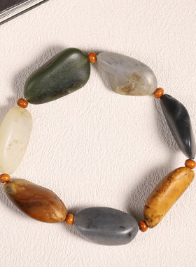 和田玉真皮真色大颗独籽手串