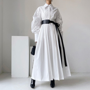 韩国chic小众褶皱感灯笼袖压褶连衣裙配腰带2026春季新品裙子女