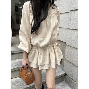 韩系法式甜美温柔圆领收褶抽绳收腰小个子长袖短裙连衣裙2026春季