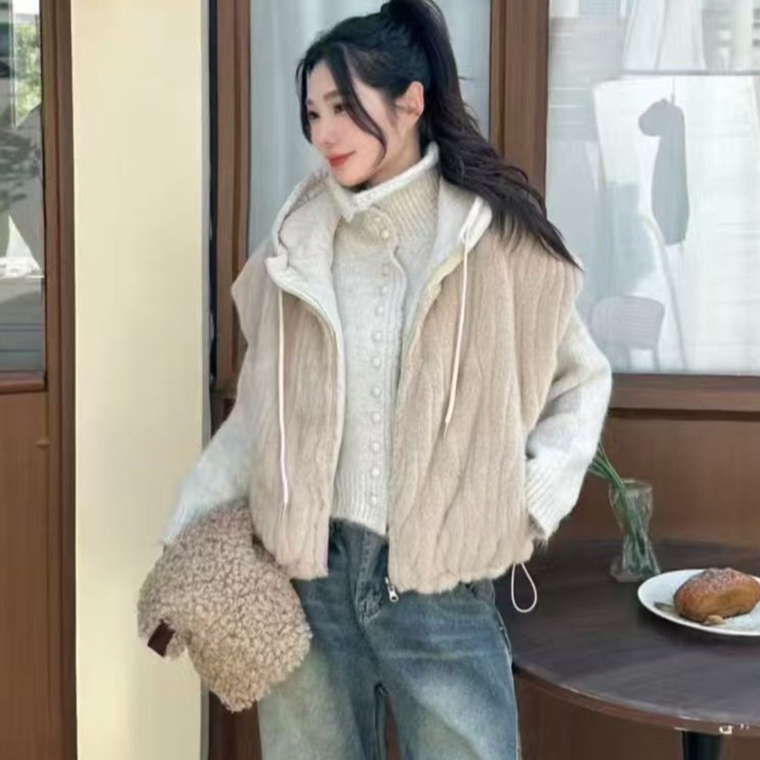 韩国chic2025秋冬两面穿毛毛马甲外套冬季穿搭夹棉连帽马夹上衣