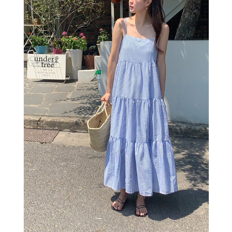 韩国chic26夏季度假风宽松显瘦气质百搭外穿内搭吊带条纹连衣裙