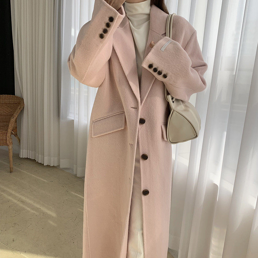 韩国chic法式复古西装领单排扣宽松过膝长款毛呢外套大衣2025冬