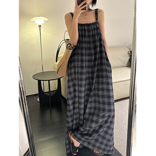 韩风格子方领吊带连体裤裙女夏季宽松大码胖MM显瘦阔腿长裤背带裤
