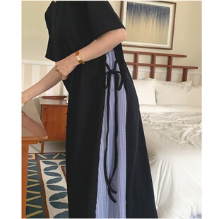 韩风chic2025夏季大码女装纯棉针织圆领短袖拼接百褶条纹宽松长裙