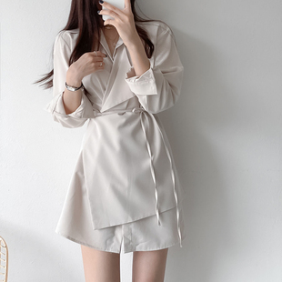 韩国chic设计感绑带衬衣气质显瘦连衣裙2026春季新品小个子裙子