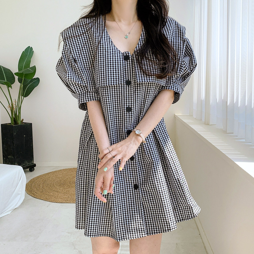 chic韩国夏季甜美时尚减龄设计感海军领单排扣娃娃衫衬衣连衣裙