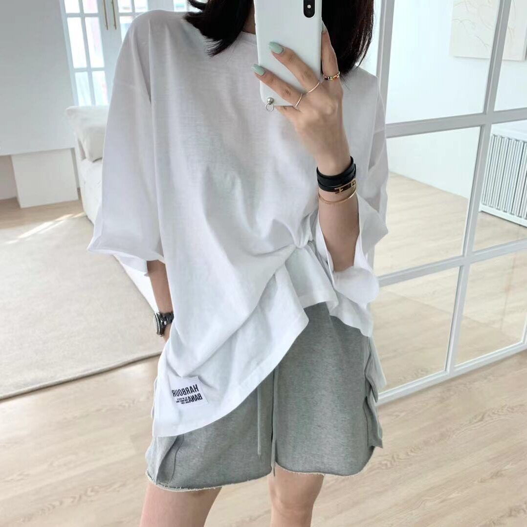 韩国chic打底衫网红时尚贴标开叉大码宽松慵懒风中长款白色t恤女