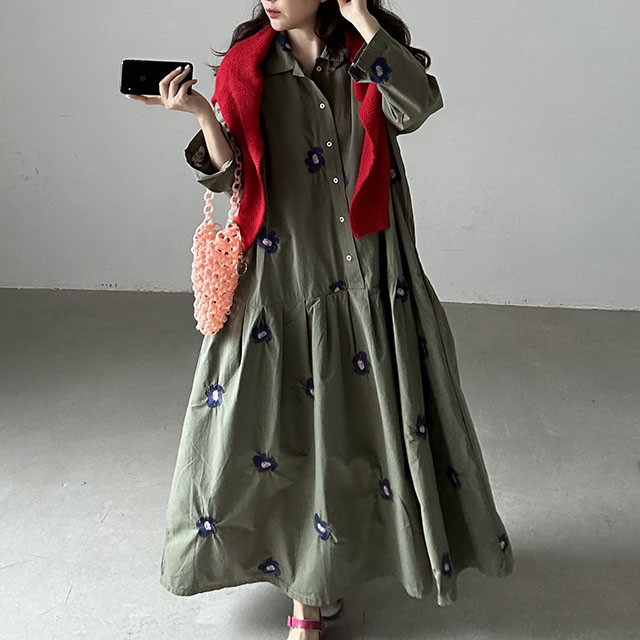 韩国chic2026早秋复古重工刺绣花朵宽松大摆型衬衫小众连衣裙女