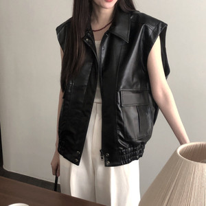 韩国东大门2026秋季复古百搭大口袋宽松PU皮衣马甲大码外套开衫女