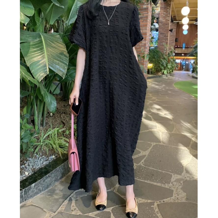 韩风chic2026夏新品甜美减龄长款宽松显瘦黑色裙子大码慵懒连衣裙