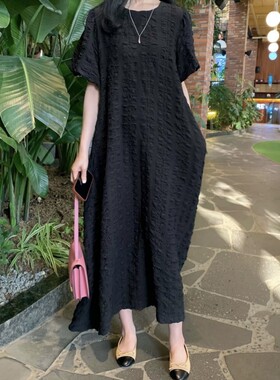 韩风chic2026夏新品甜美减龄长款宽松显瘦黑色裙子大码慵懒连衣裙
