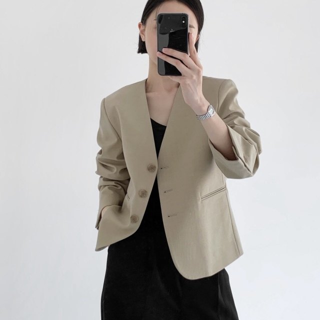 韩国chic2025秋季宽松气质时尚两色简约v领西装外套开衫小外套女