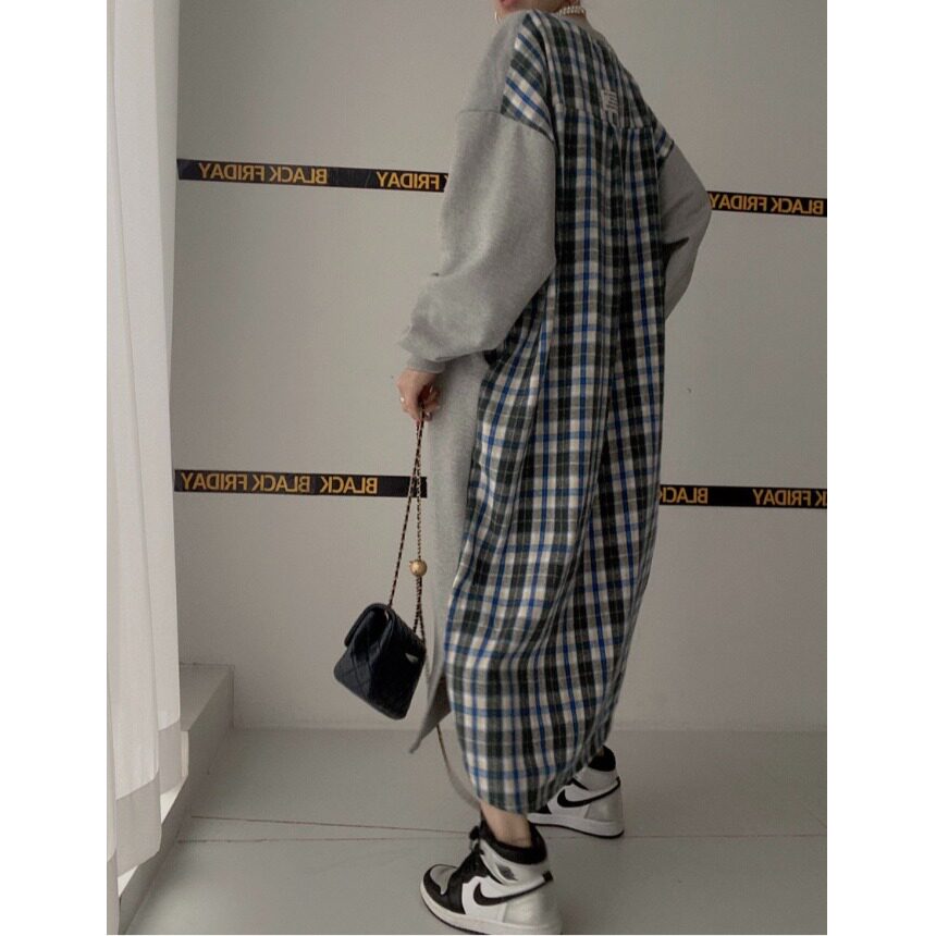 韩国chic2026春季新款大码女装小众设计感拼接撞色字母印花连衣裙