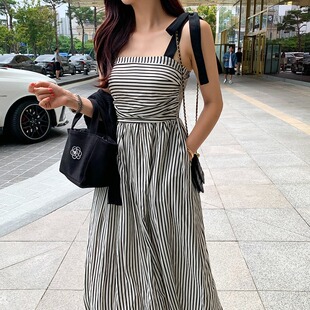 韩国chic小众法式气质蝴蝶结条纹连衣裙2026春季新品中长款裙子