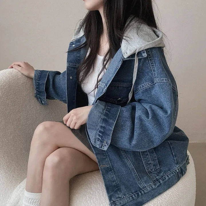 2026韩国chic假两件拼接连帽牛仔宽松夹克oversize休闲外套开衫女,女装/女士精品,短外套,淘宝优惠券,粉丝福利购,淘宝优惠卷