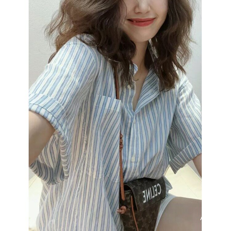 韩风蓝色条纹宽松衬衫女慵懒风大码短袖上衣设计感小众衬衣休闲