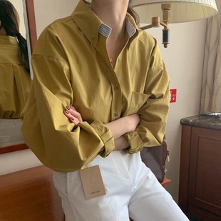 韩国chic2026春季新品气质百搭领边条纹拼色设计感长袖衬衫上衣