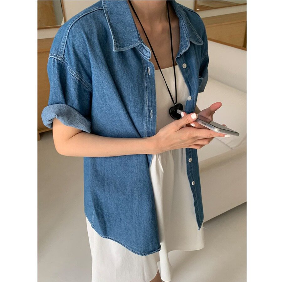韩风chic2026夏季新品大码复古纯色翻领单排扣短袖牛仔衬衫上衣女