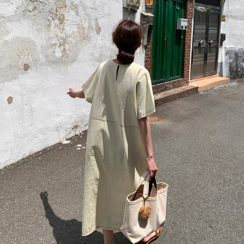 韩风chic棉麻明线连衣裙宽松显瘦慵懒两侧有口袋裙子2026夏季新品
