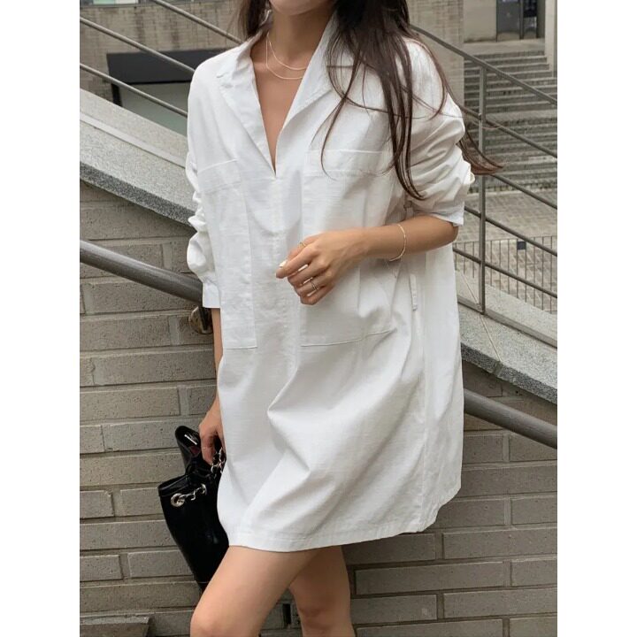 韩国chic2026春季气质复古大口袋腰带收腰休闲大码宽松工装连衣裙