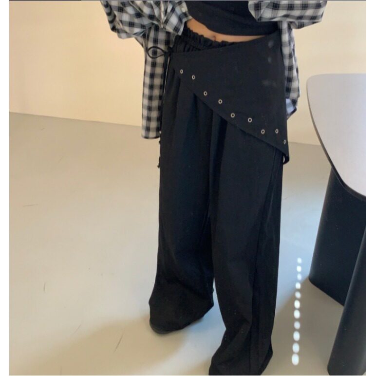 韩国chic2026春新品设计感可拆卸腰带屁帘阔腿休闲裤女长裤两件套