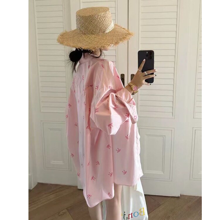韩风粉色蝴蝶结印花衬衫外套大码夏慵懒风长袖防晒衣胖MM翻领上衣