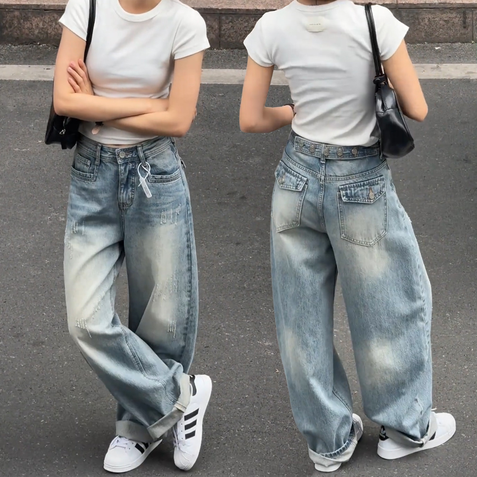 弯刀阔腿牛仔裤女2026春季大码女装胖mm显瘦高腰美式高街直筒裤子