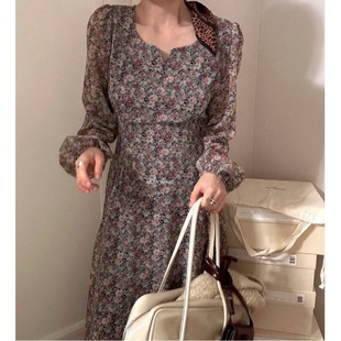 chic韩国东大门中长款复古甜美油画风碎花连衣裙2026春季新品裙子