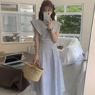 INS韩系甜美百搭翻领收腰条纹连衣裙2025夏季 裙子女 新品 中长款