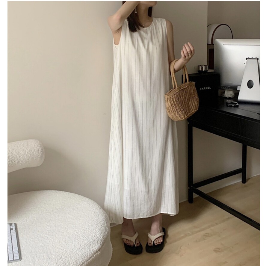 韩风chic26夏季慵懒百搭条纹肌理感度假风宽松无袖背心棉麻连衣裙